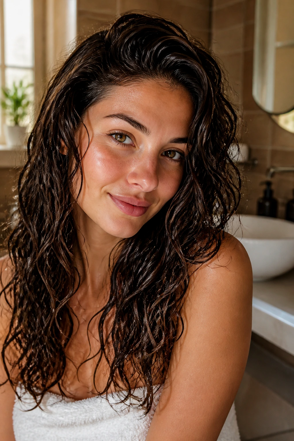 Close-up of a real woman with damp glossy wavy hair in a bathroom