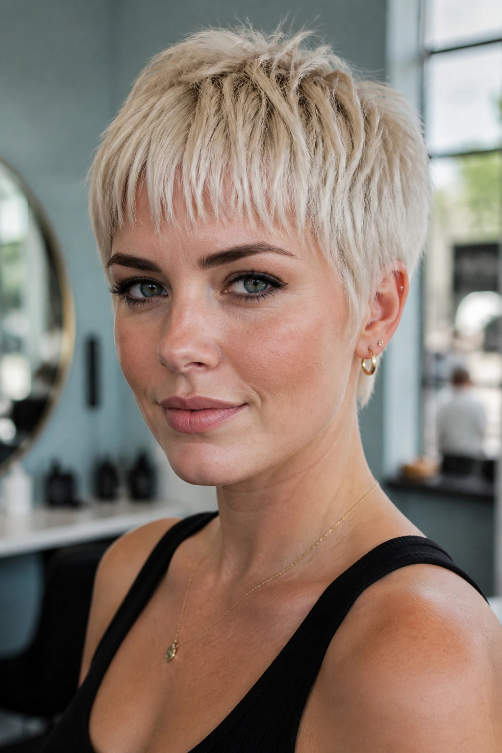 Portrait of a woman with ice blonde crop and piecey fringe in a modern salon.