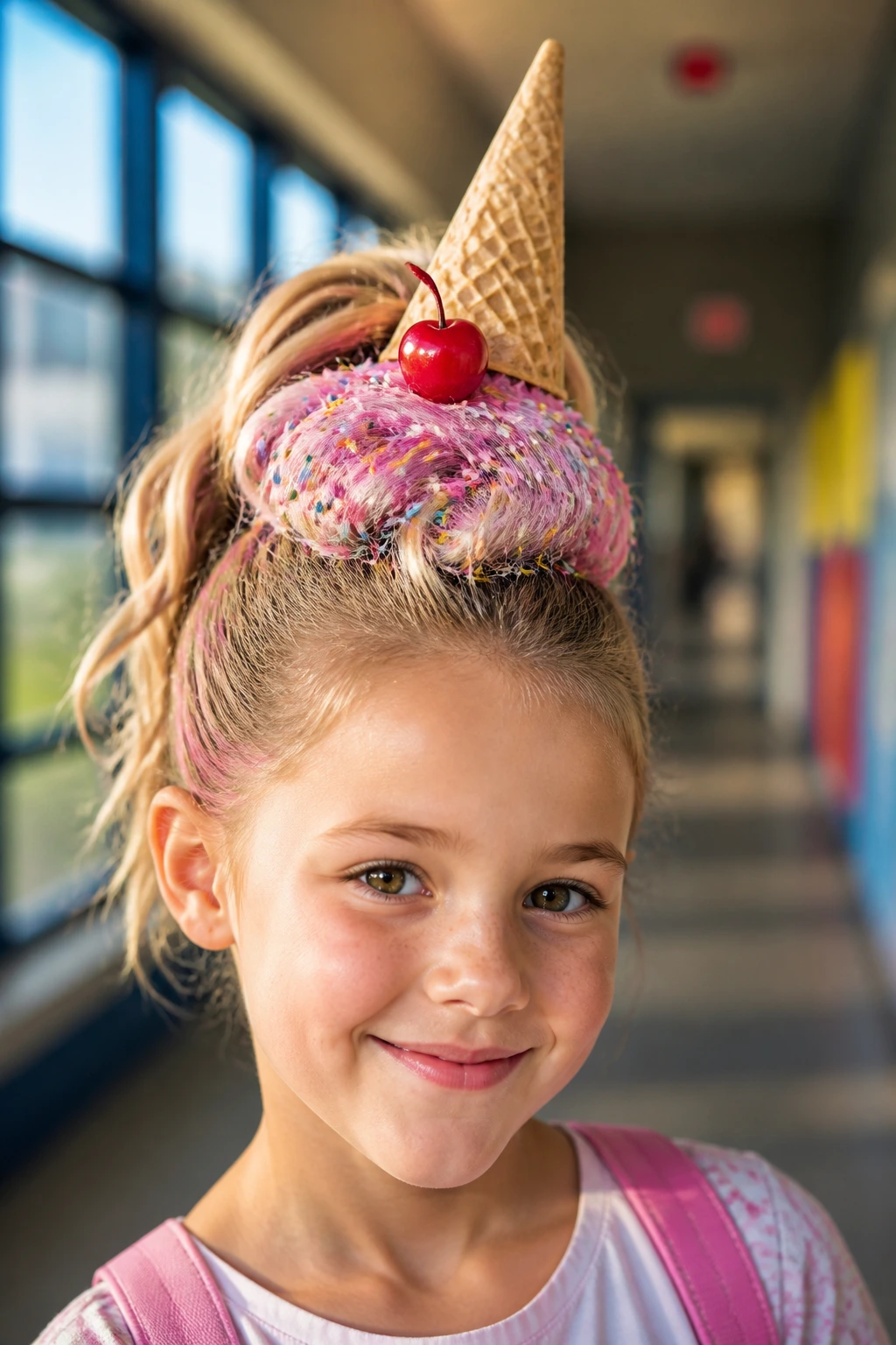 Close-up of a real child with an ice cream cone high pony hairstyle