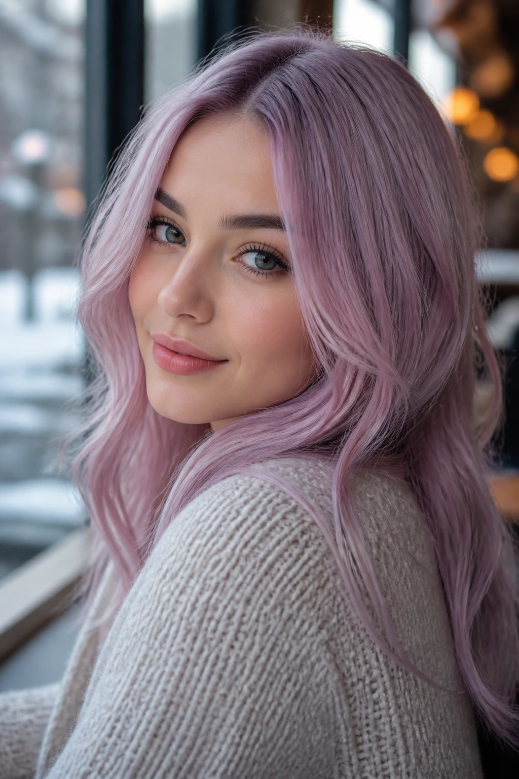 Close-up portrait of a person with icy lavender-pink hair by a window