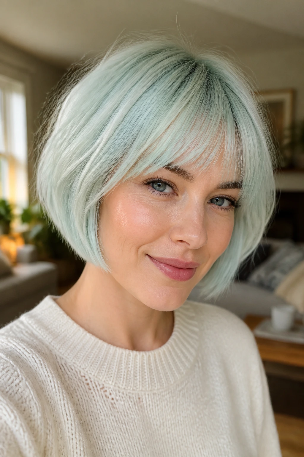 Close-up portrait of a real woman with icy mint short bob dyed hair in natural light