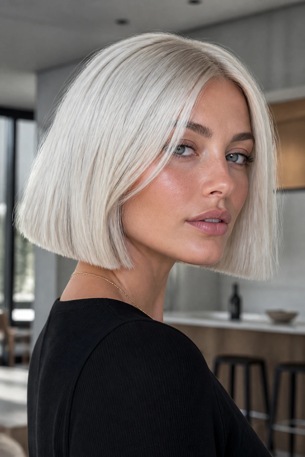 Close-up of a real woman with an icy white blunt bob and hidden layers in cool light