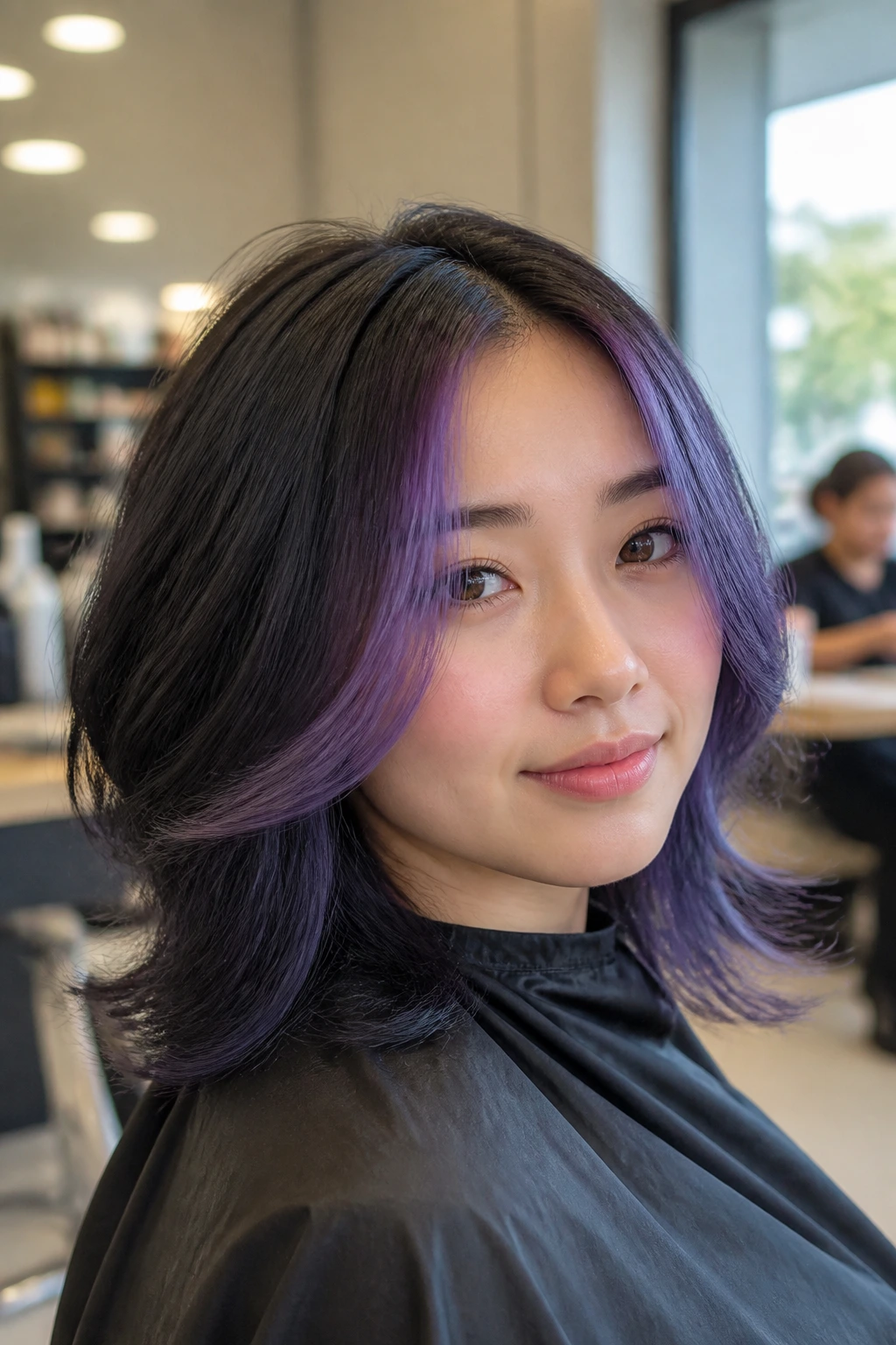 Close-up of a real person with indigo-purple face-framing pieces