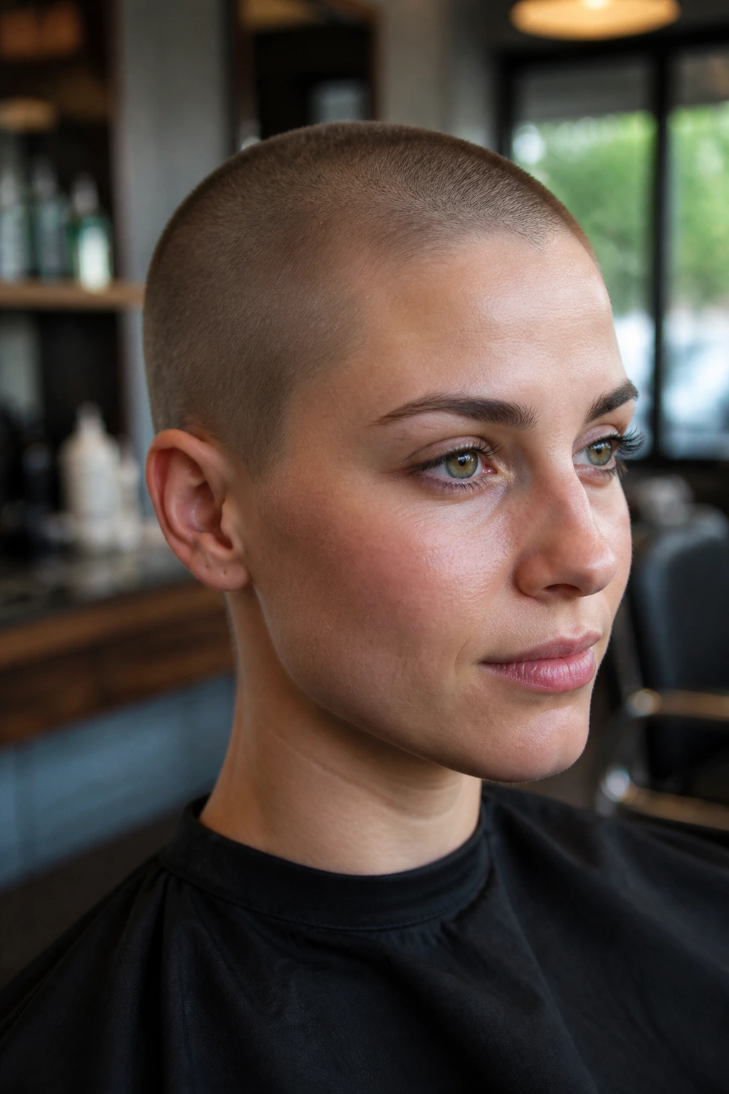 Close-up of a real person with an ultra-short induction buzz cut showing velvet scalp texture
