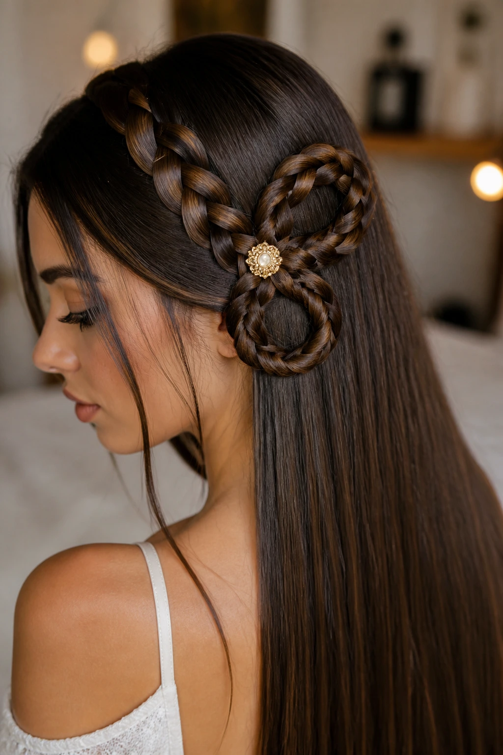 Close-up of a real person with an infinity banana braid loop around the head and a decorative pin