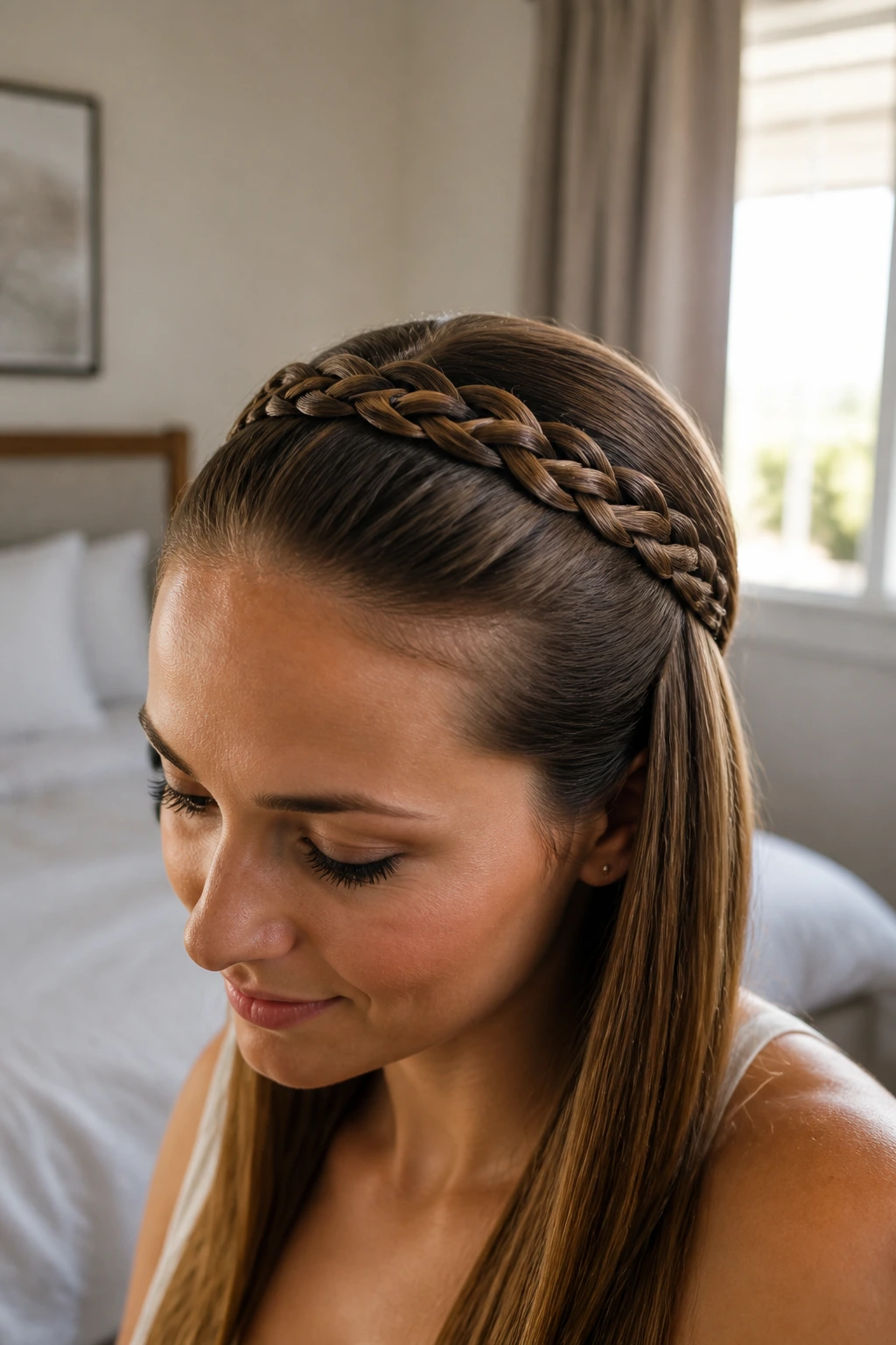 Close-up portrait of a woman with an infinity braid crown, hair tightly woven and flat against head