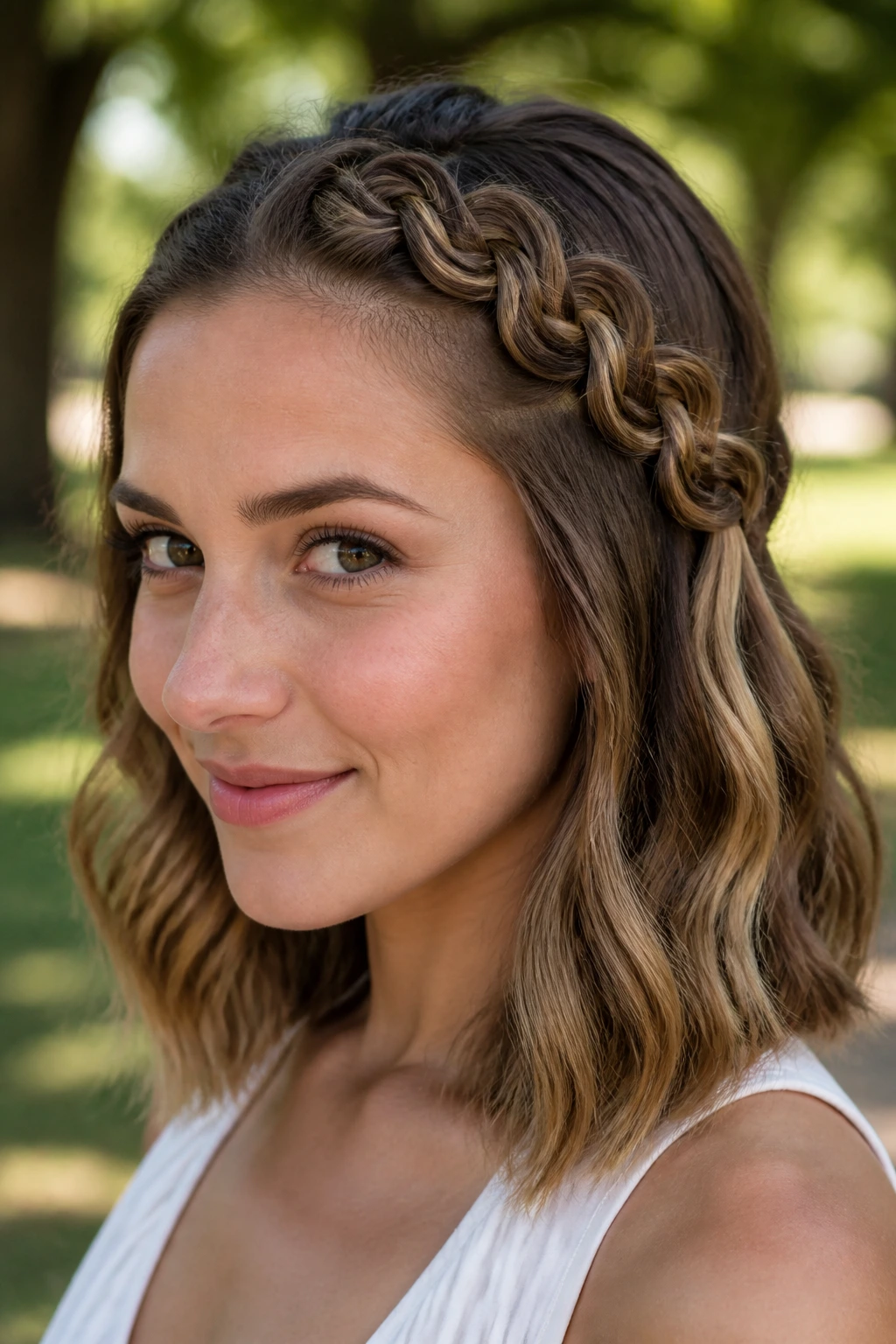 Portrait of a person with an infinity braid along the scalp outdoors