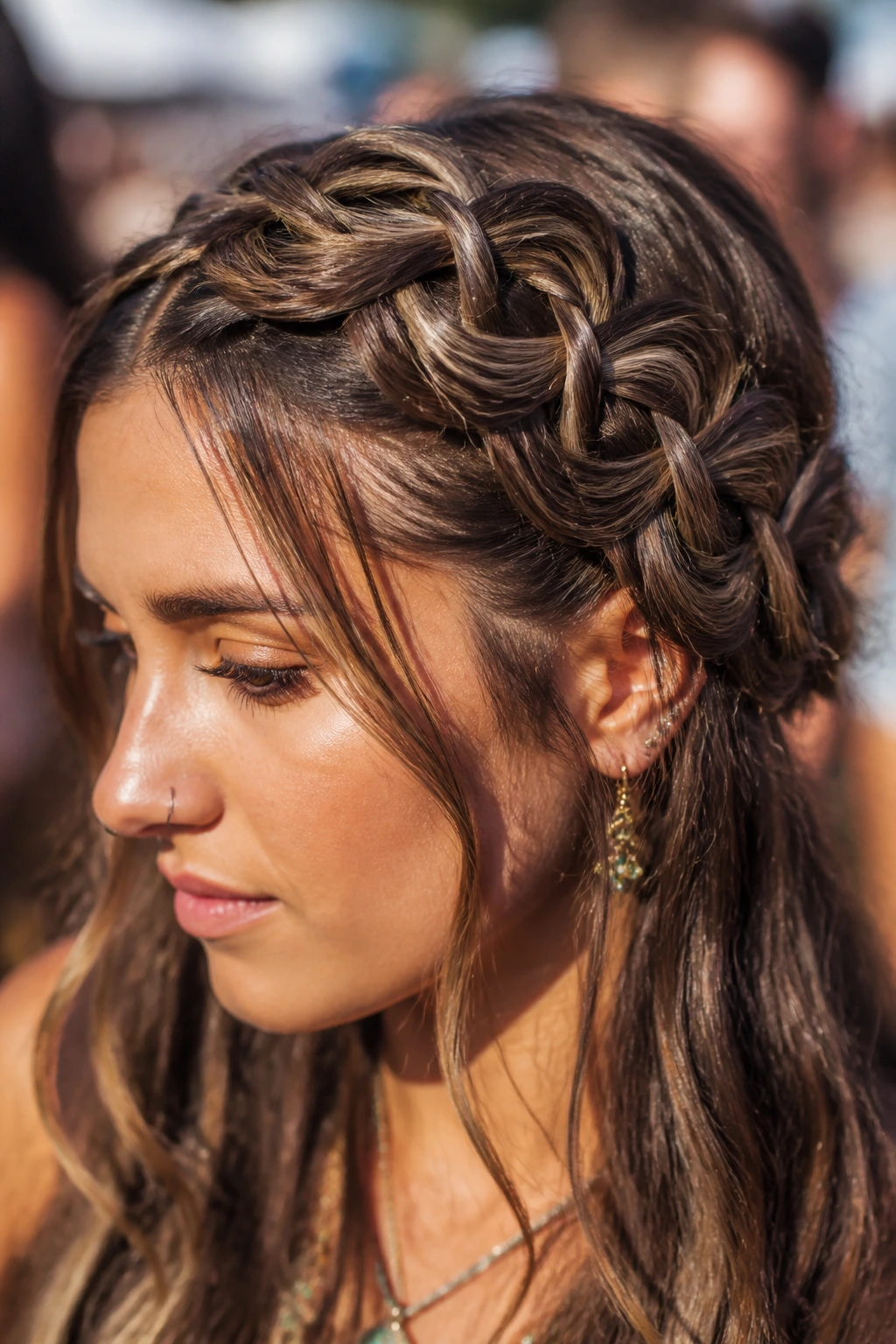 Close-up of infinity braid on real woman's head with figure-eight crown at festival
