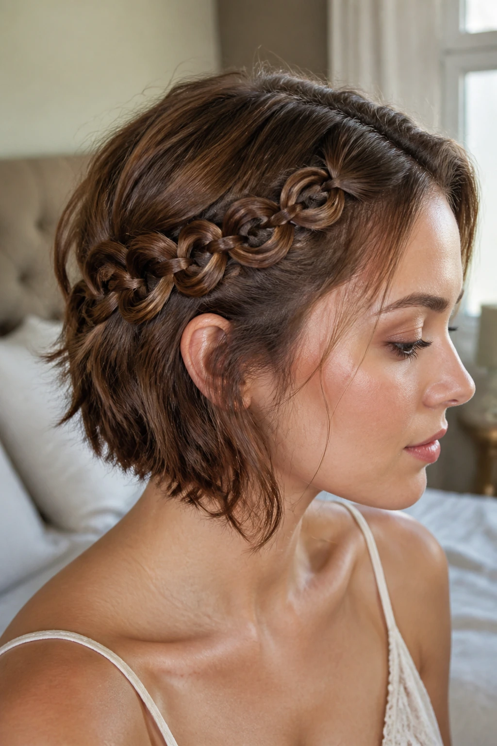 Real person with infinity-loop braids along the temple