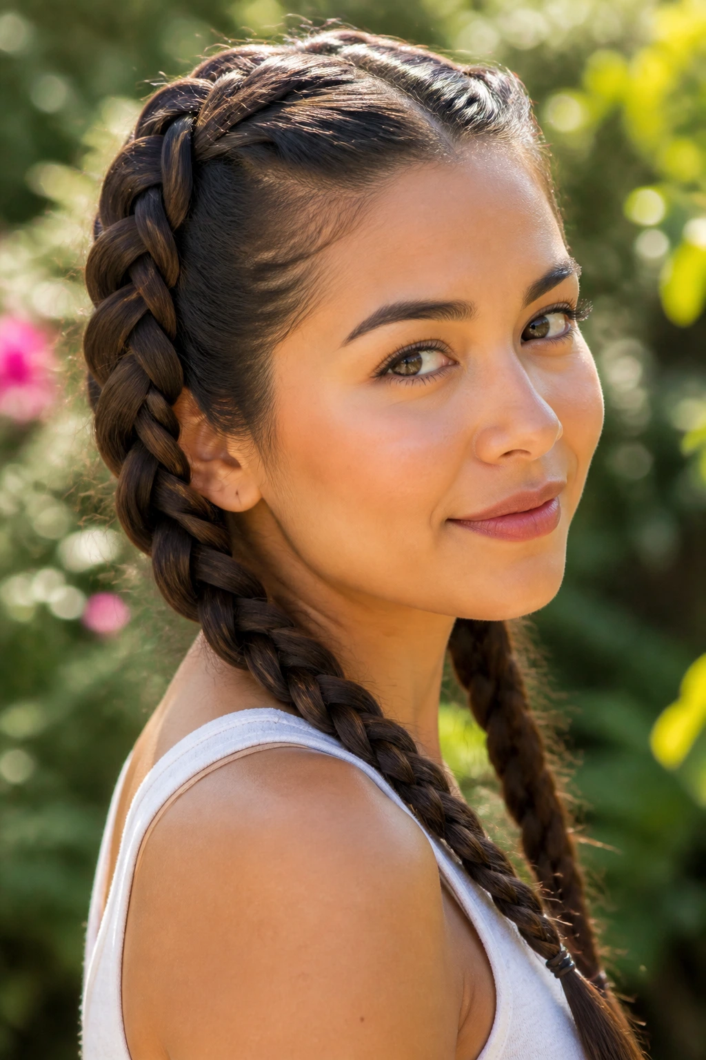 Close-up of infinity braid pigtails on thick hair during golden hour.