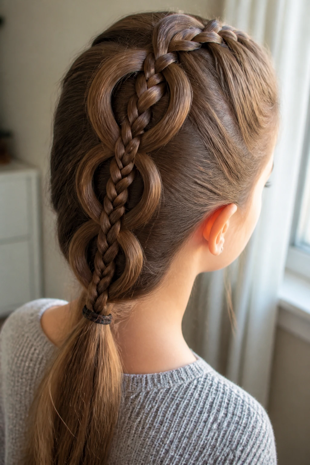 Close-up of a person with an infinity braid along the back of the head