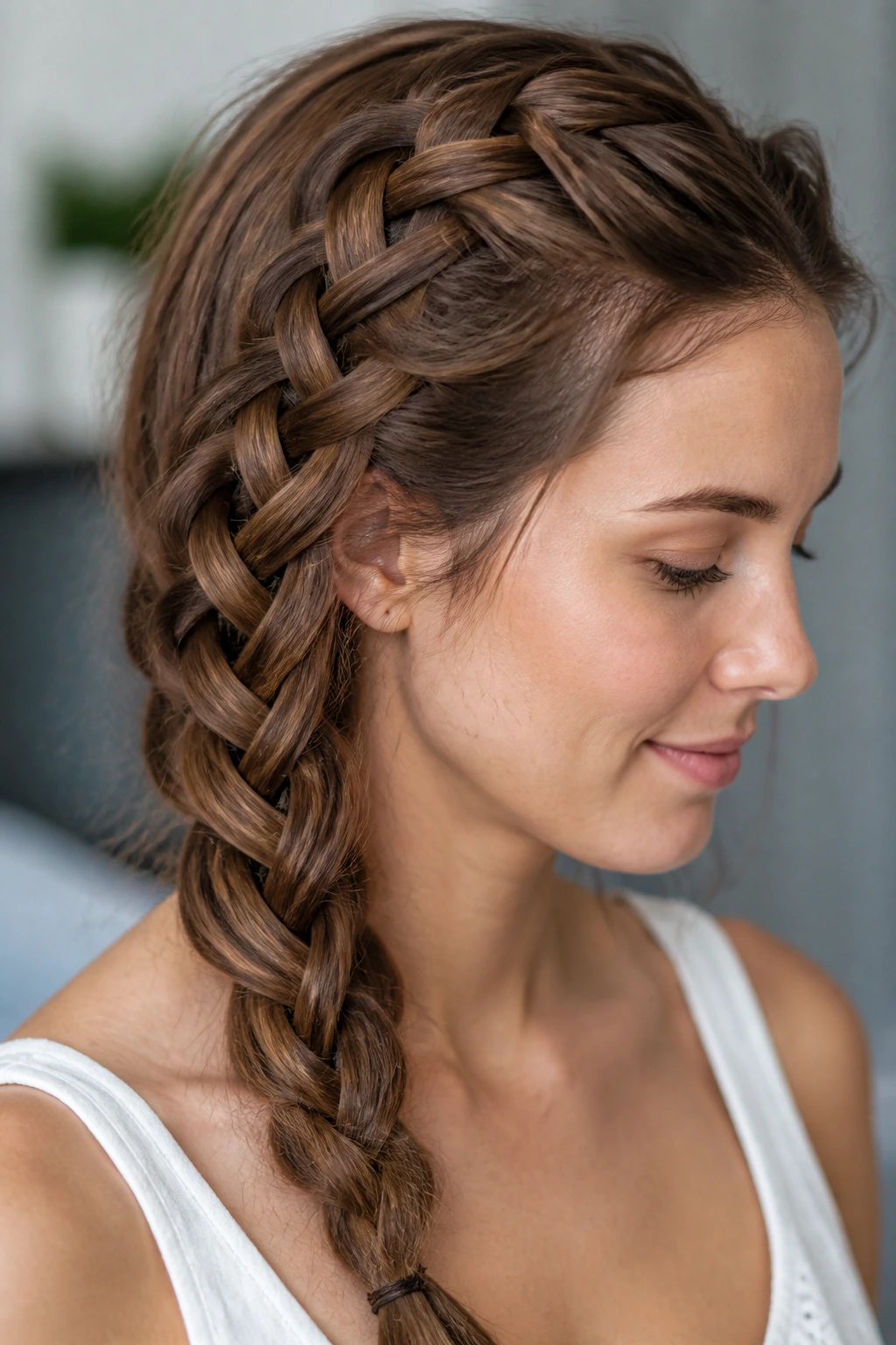 Close-up of a real person showing an infinity (figure-eight) braid along the head