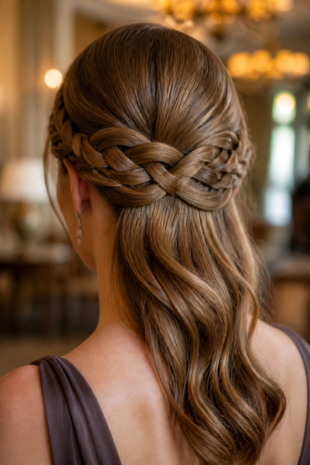 Close-up of a real woman wearing an intricate infinity braid around two sections.