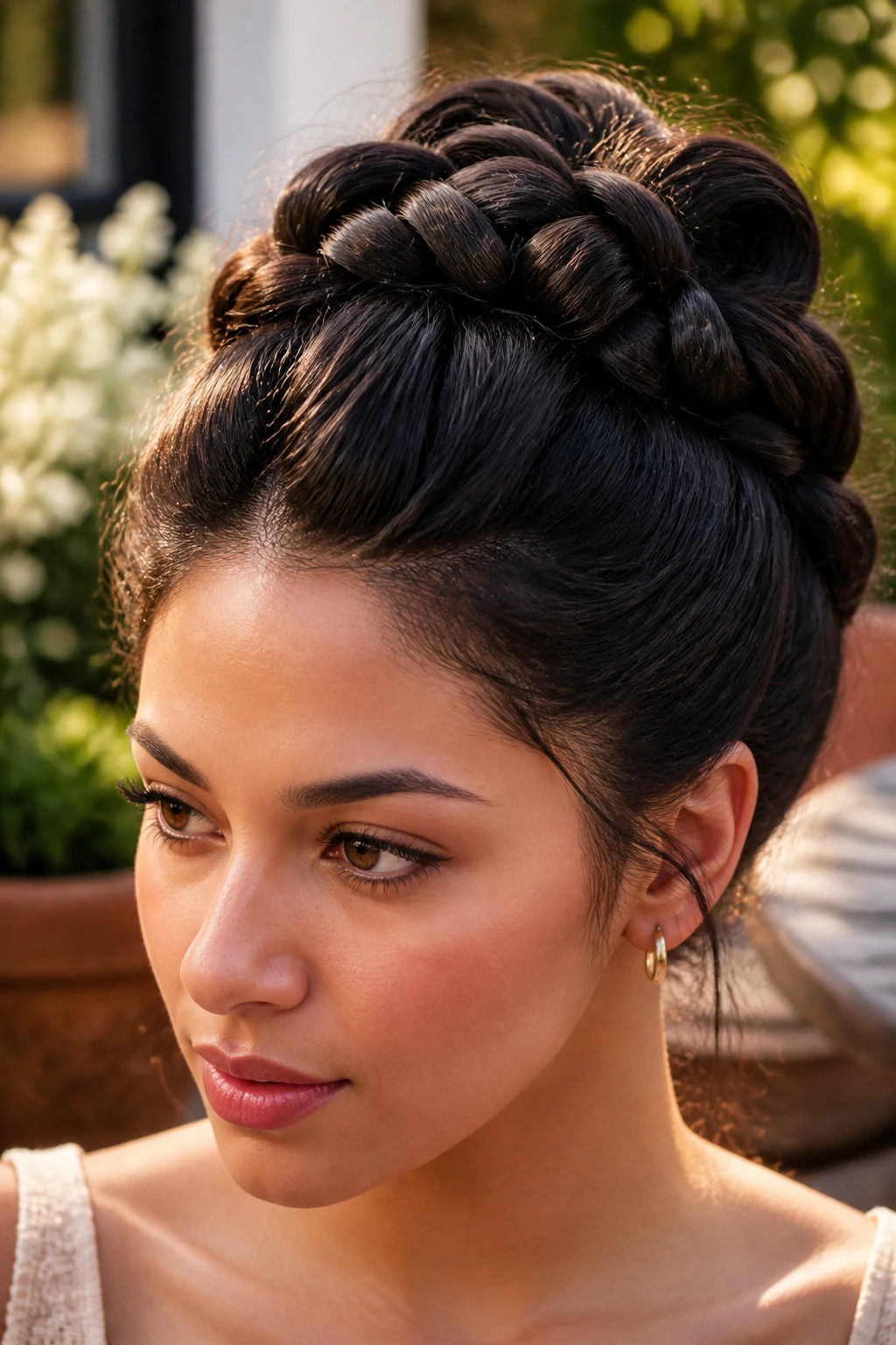 Close-up of a real woman with an infinity-loop invisible braid on the crown, thick hair.