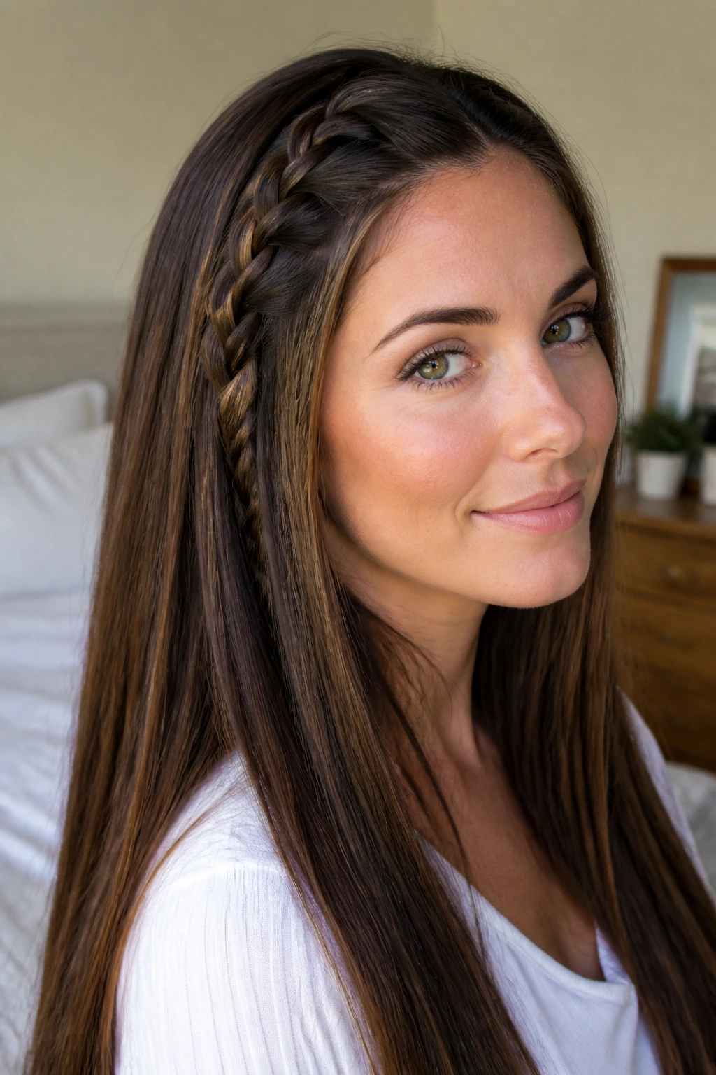 Close-up of a real woman's head showing an inside-out accent braid on straight hair near the temple