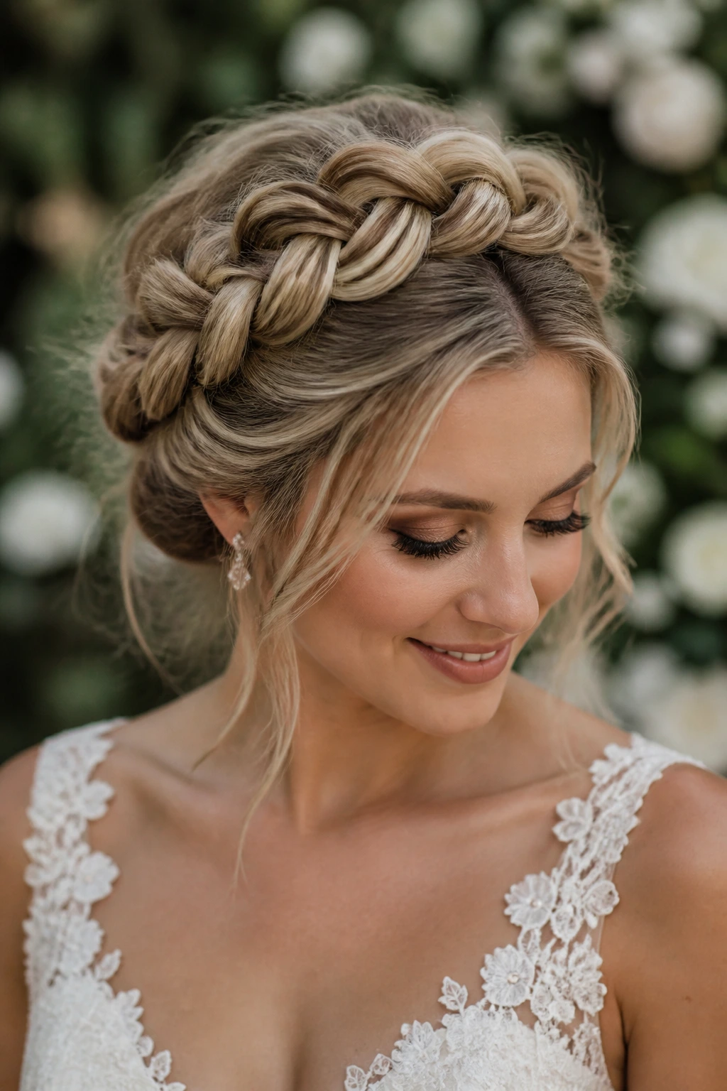 Close-up of a bride's Dutch inside-out crown braid.