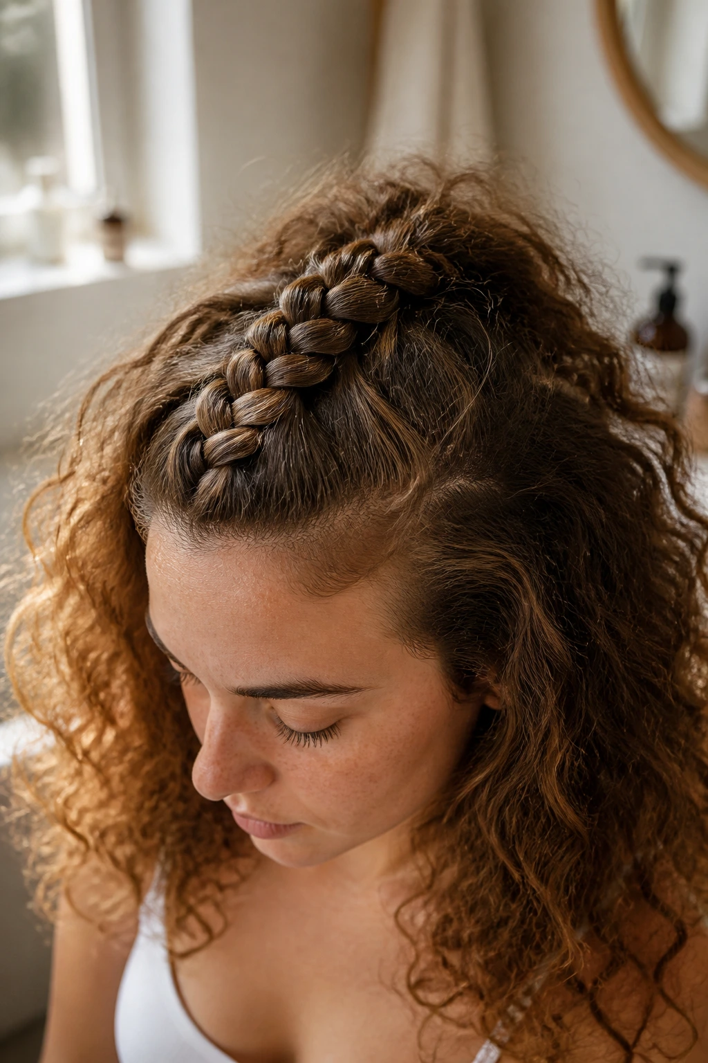 Close-up of a real woman wearing an inside-out Dutch braid on top of her head