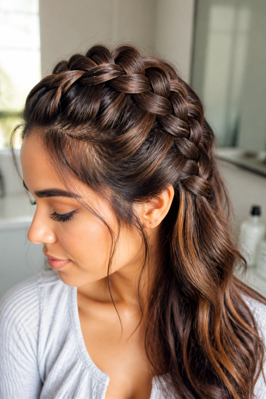 Close-up of a real woman with an inside-out Dutch French braid on top catching light