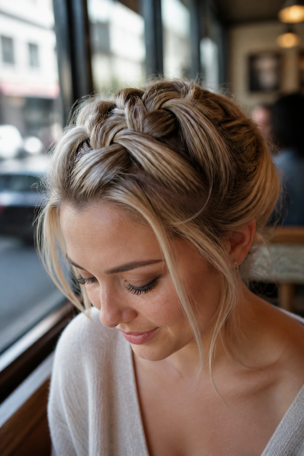 Close-up of a real woman with Inside-Out French Braid on top