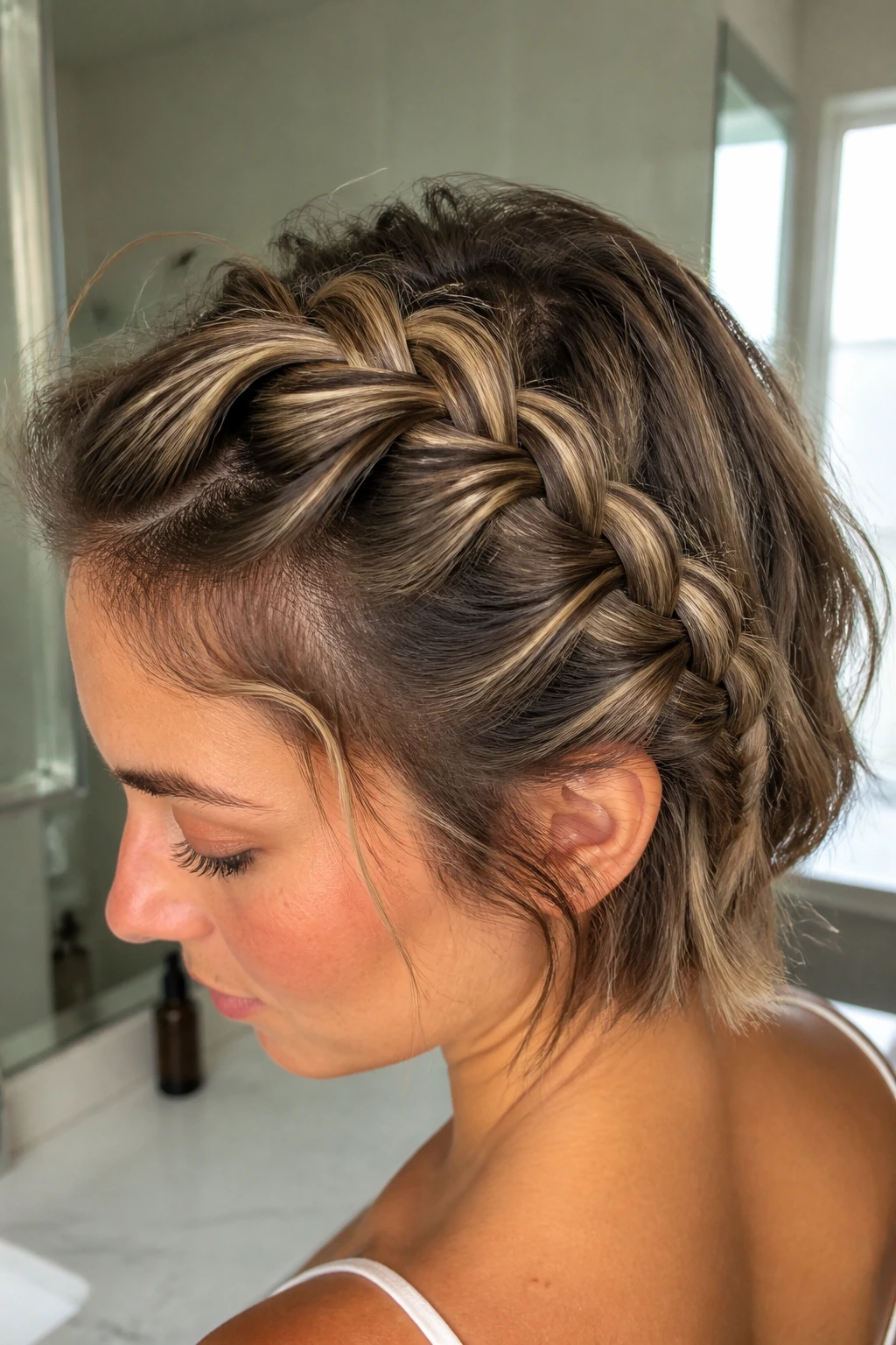 Close-up of Inside-Out French Braid on a real person with dark hair.