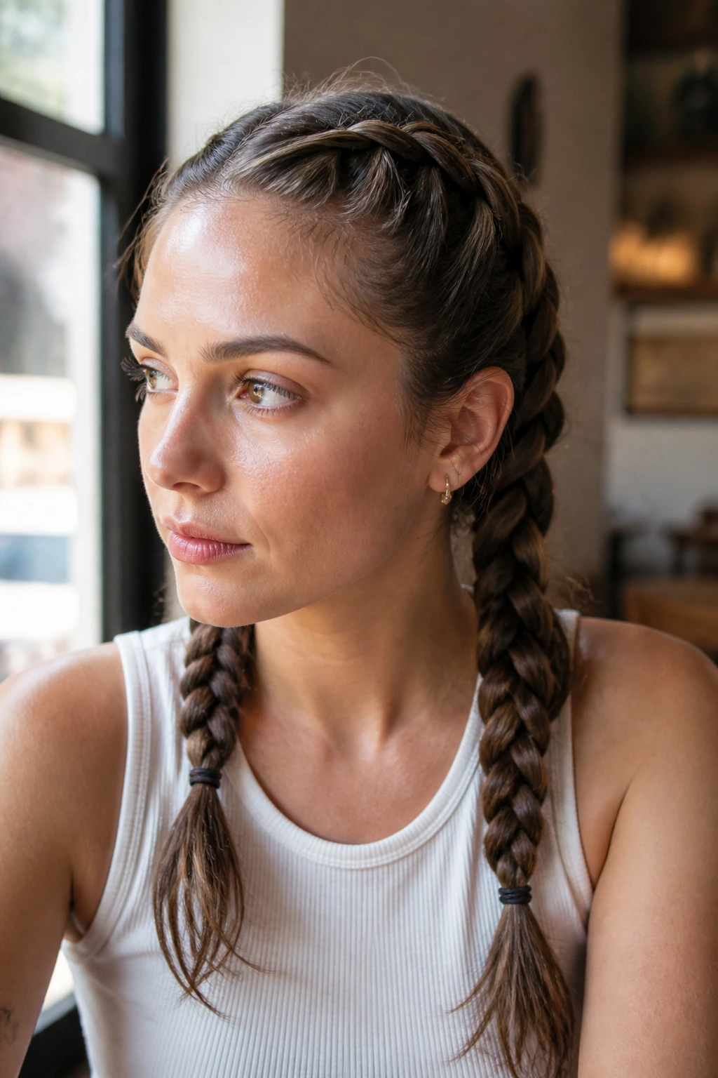 Close-up of Inside-Out French Pigtails on a real woman in a sunlit cafe