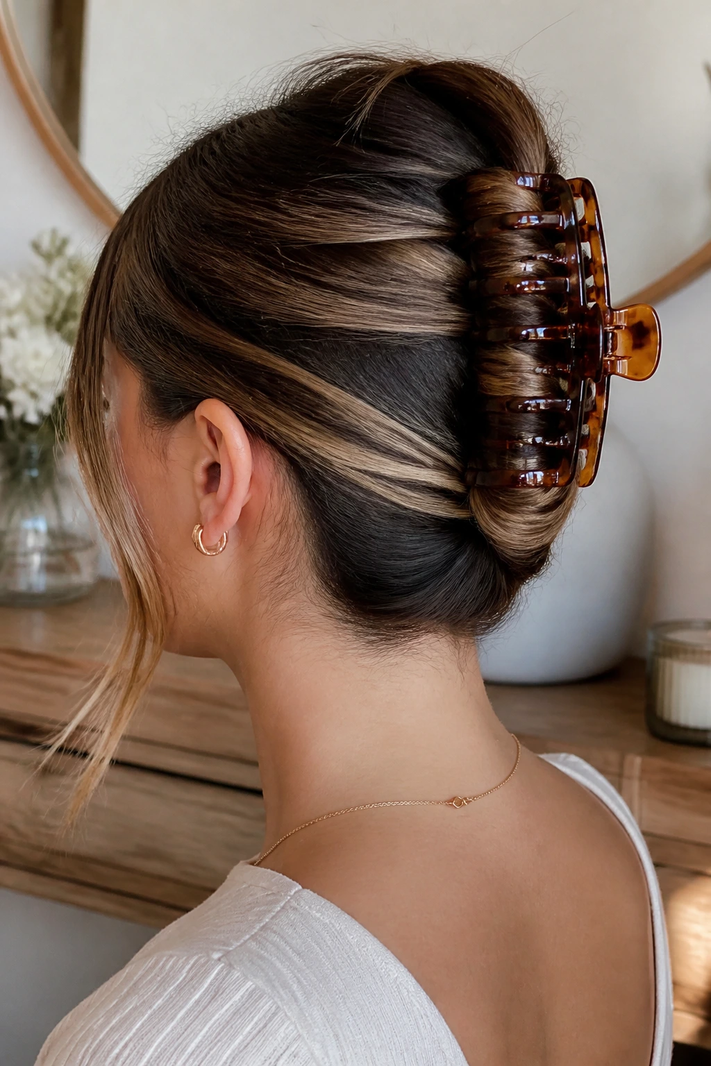 Close-up of real woman with inside-out French roll secured by claw clip