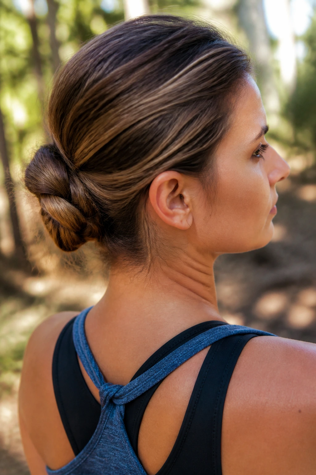 Close-up of a real woman with inside-out topsy tail bun outdoors