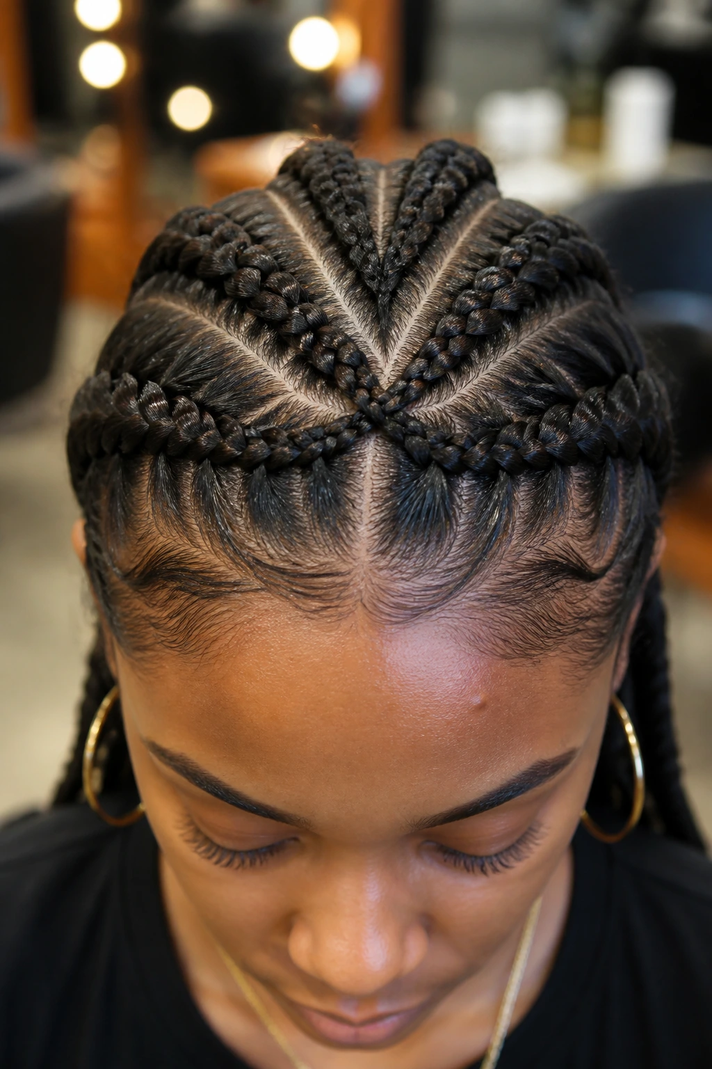 Close-up of a woman showing interlocking invisible braids at the crown