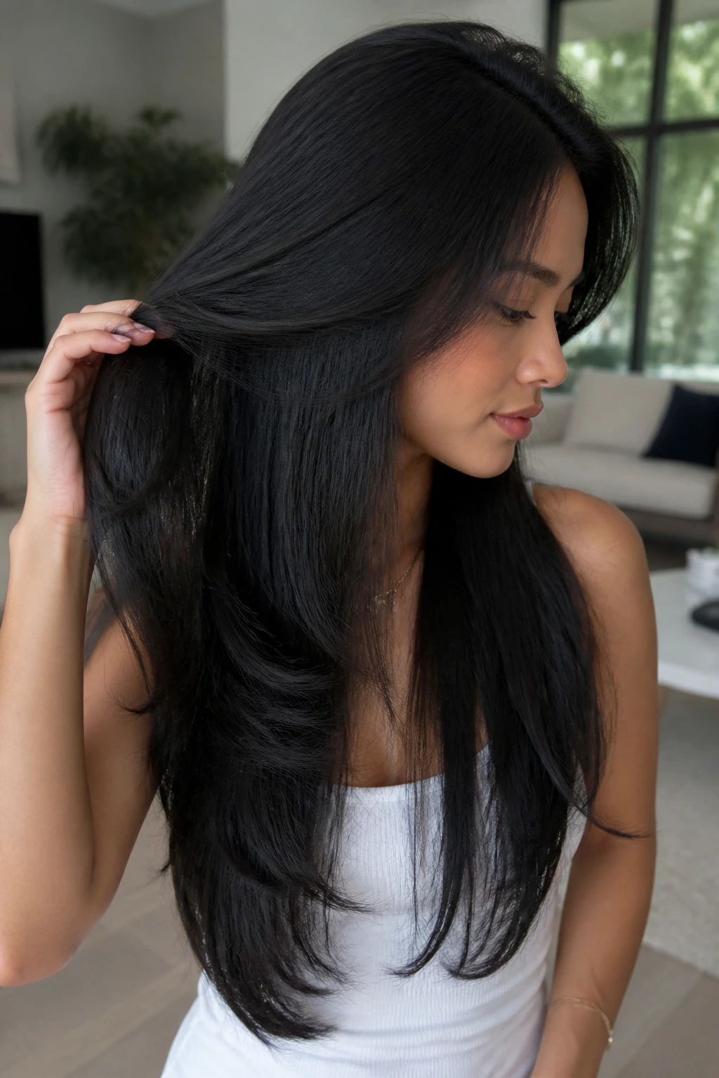 Close-up of hair with seamless internal layers creating lighter underlayers.