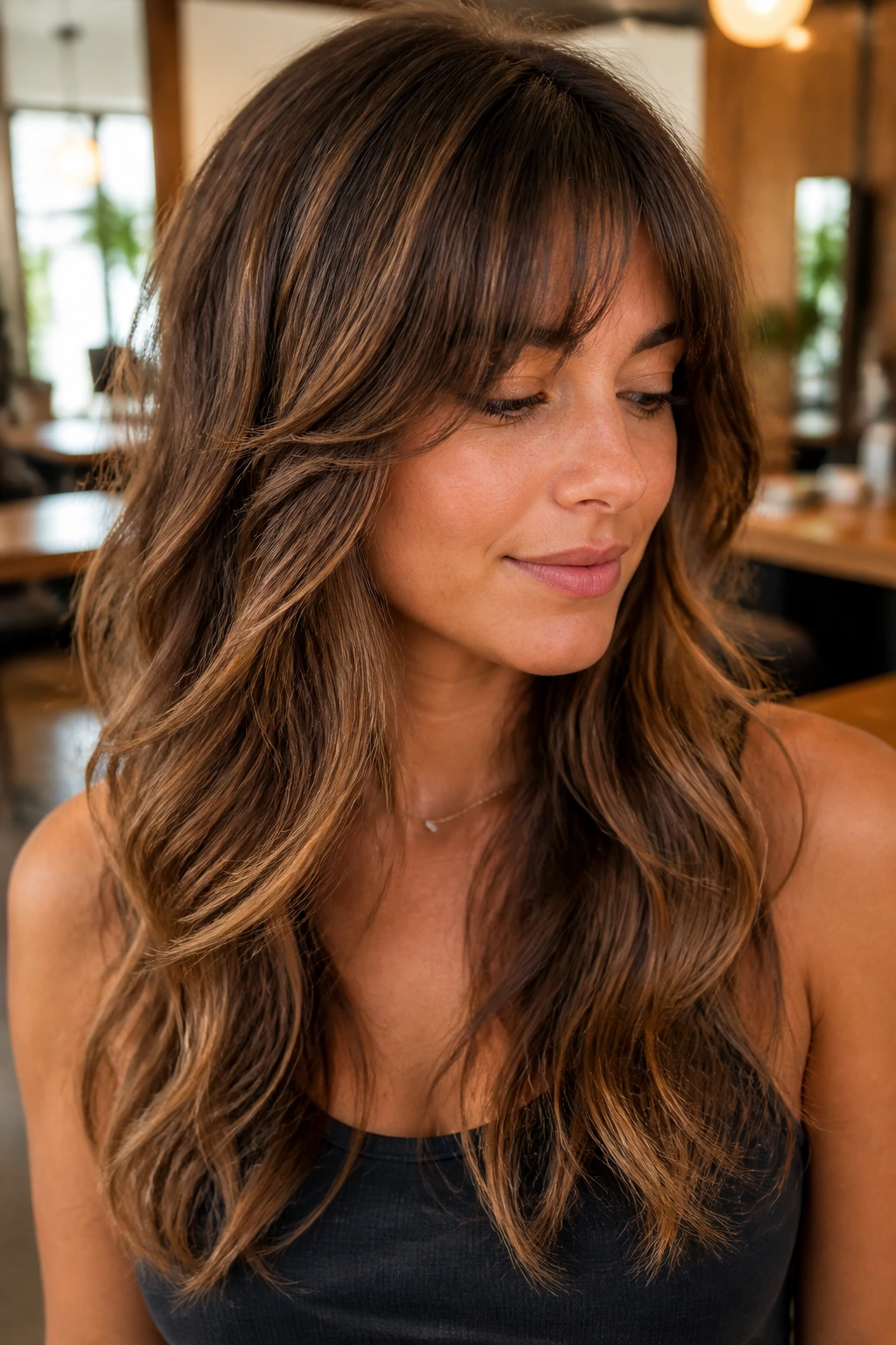 Close-up of a real woman with internal layers and crescent bangs in a sunlit salon