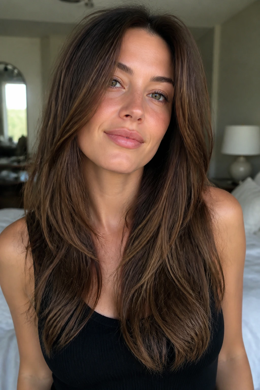 Close-up of a real woman showing long internal layers for dense hair.