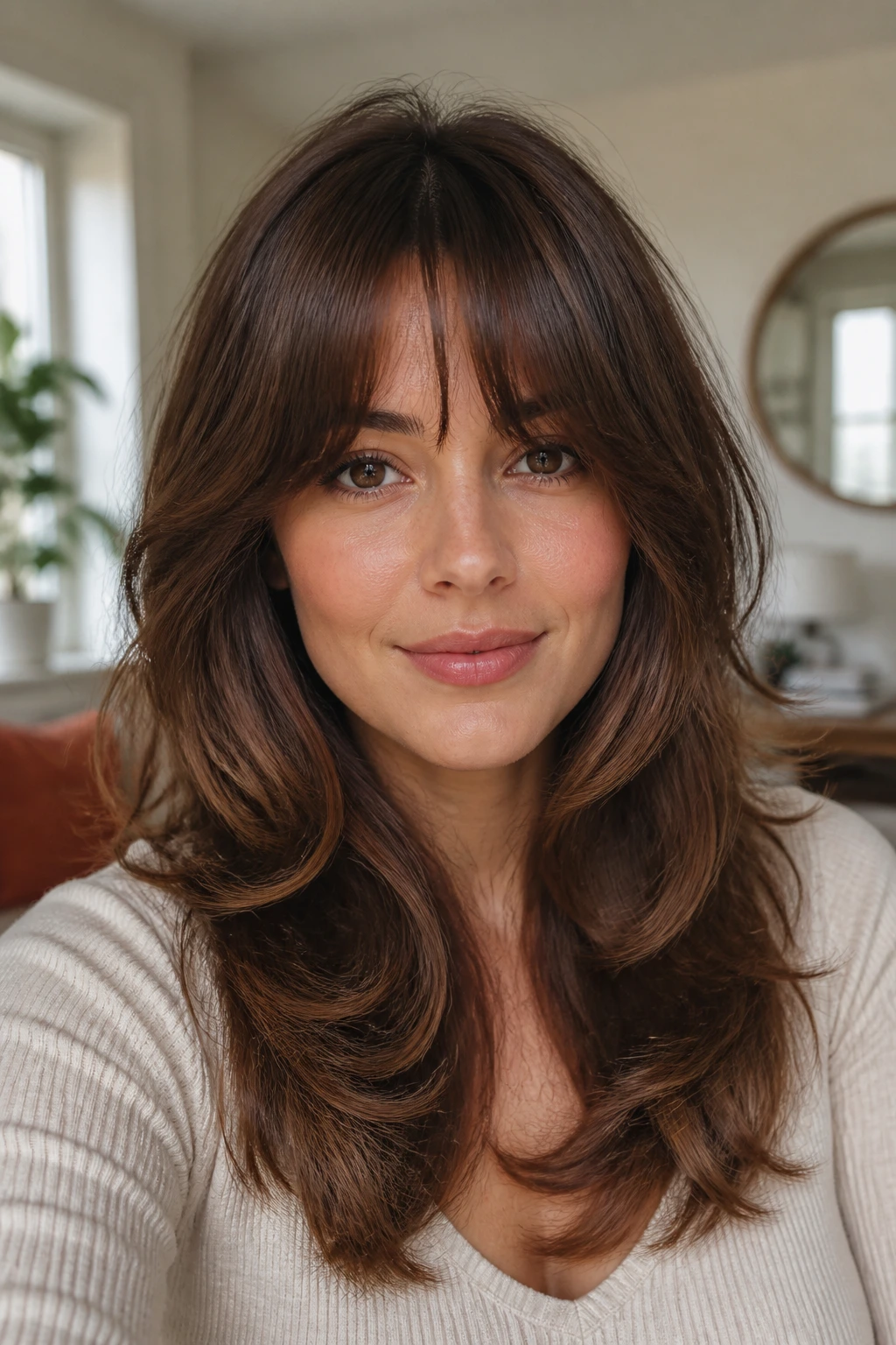 Close-up of a real woman with internal layers and rounded crescent bangs.