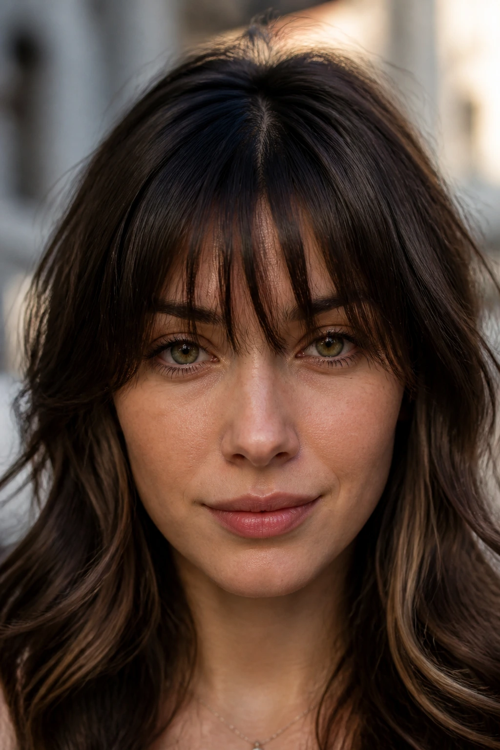 Real person with internal shattered layers visible under top fringe, front view