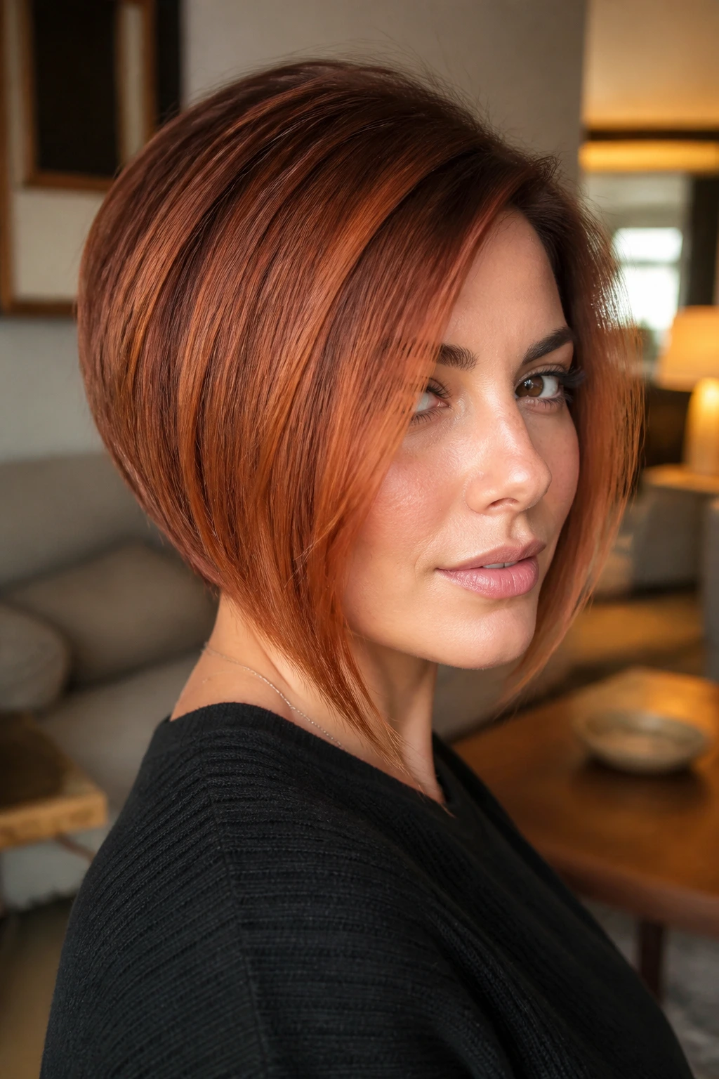 Close-up of a real woman with inverted A-line copper bob in warm living room light