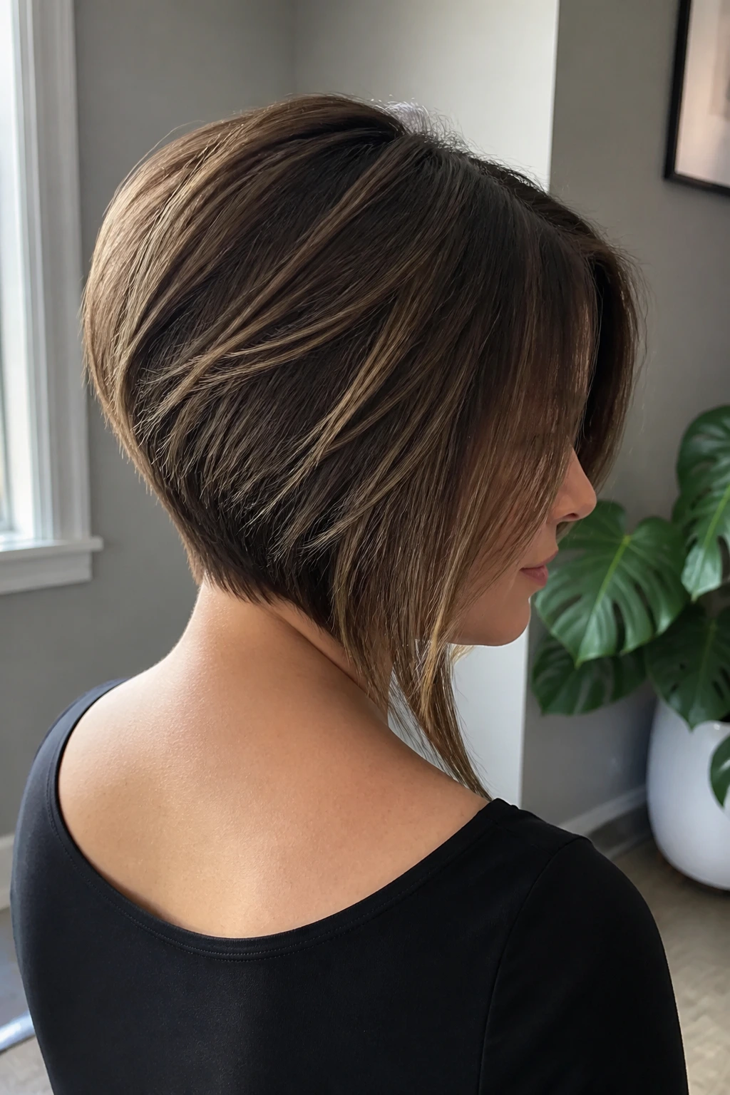 Real woman with inverted stacked back layers in a three-quarter rear portrait