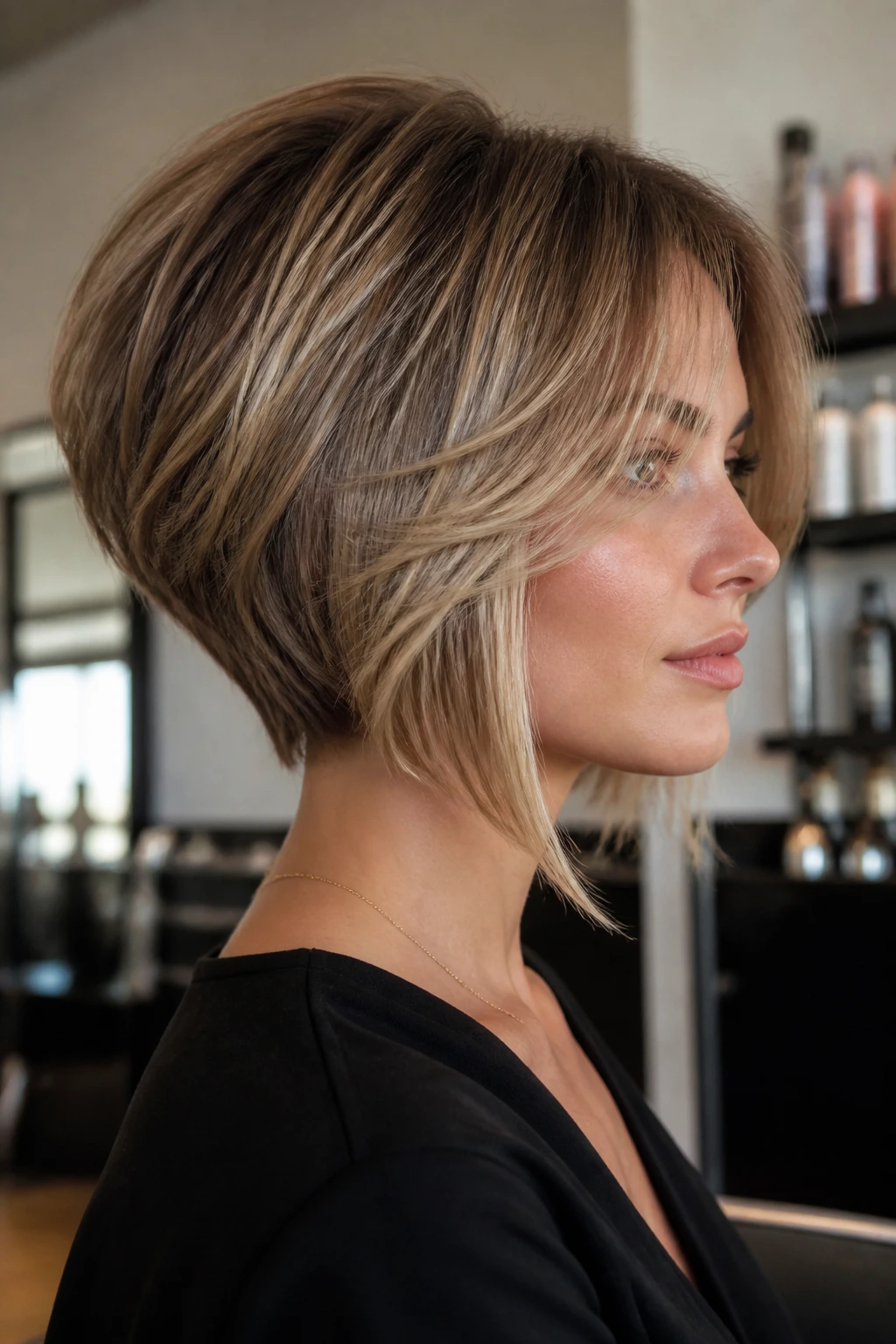 Close-up portrait of a woman with an inverted angled bob and long curtain bangs.