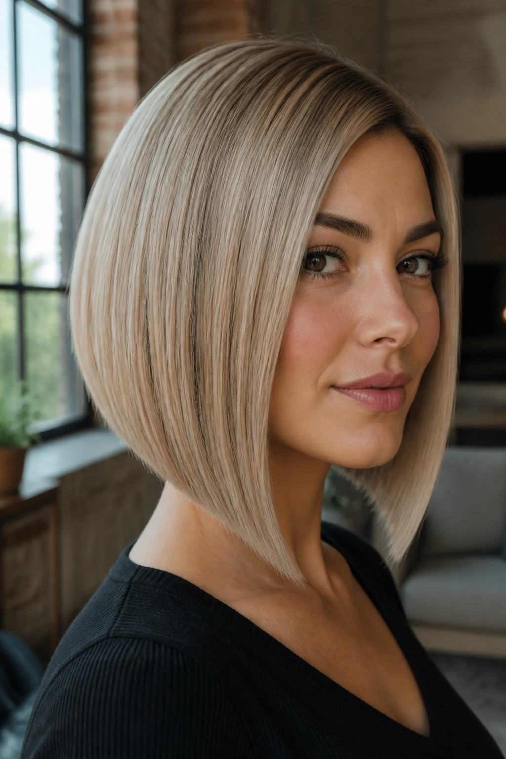 Portrait of a woman with an inverted bob in ash champagne blonde