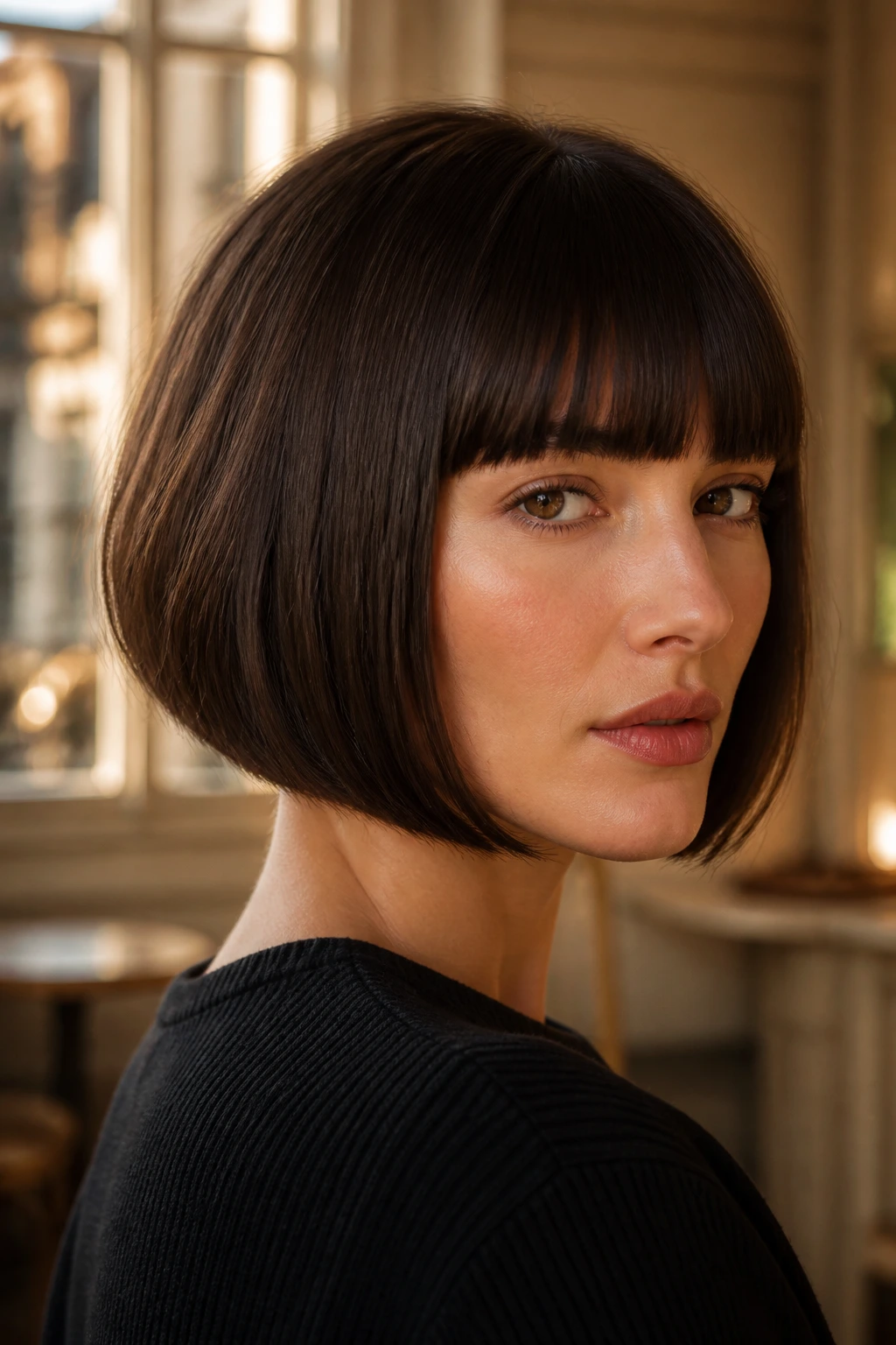Close-up portrait of a real woman with inverted bob and blunt bangs in warm Parisian light