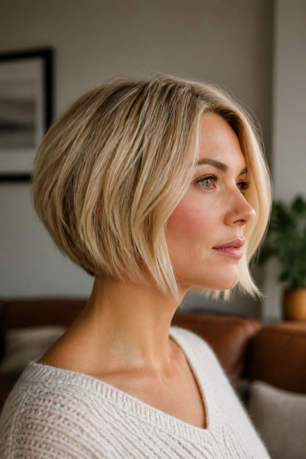 Close-up portrait of a real woman with a slightly inverted soft butter bob