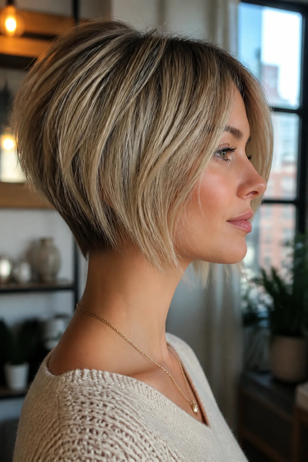 Portrait of a real woman with a choppy inverted bob and textured ends