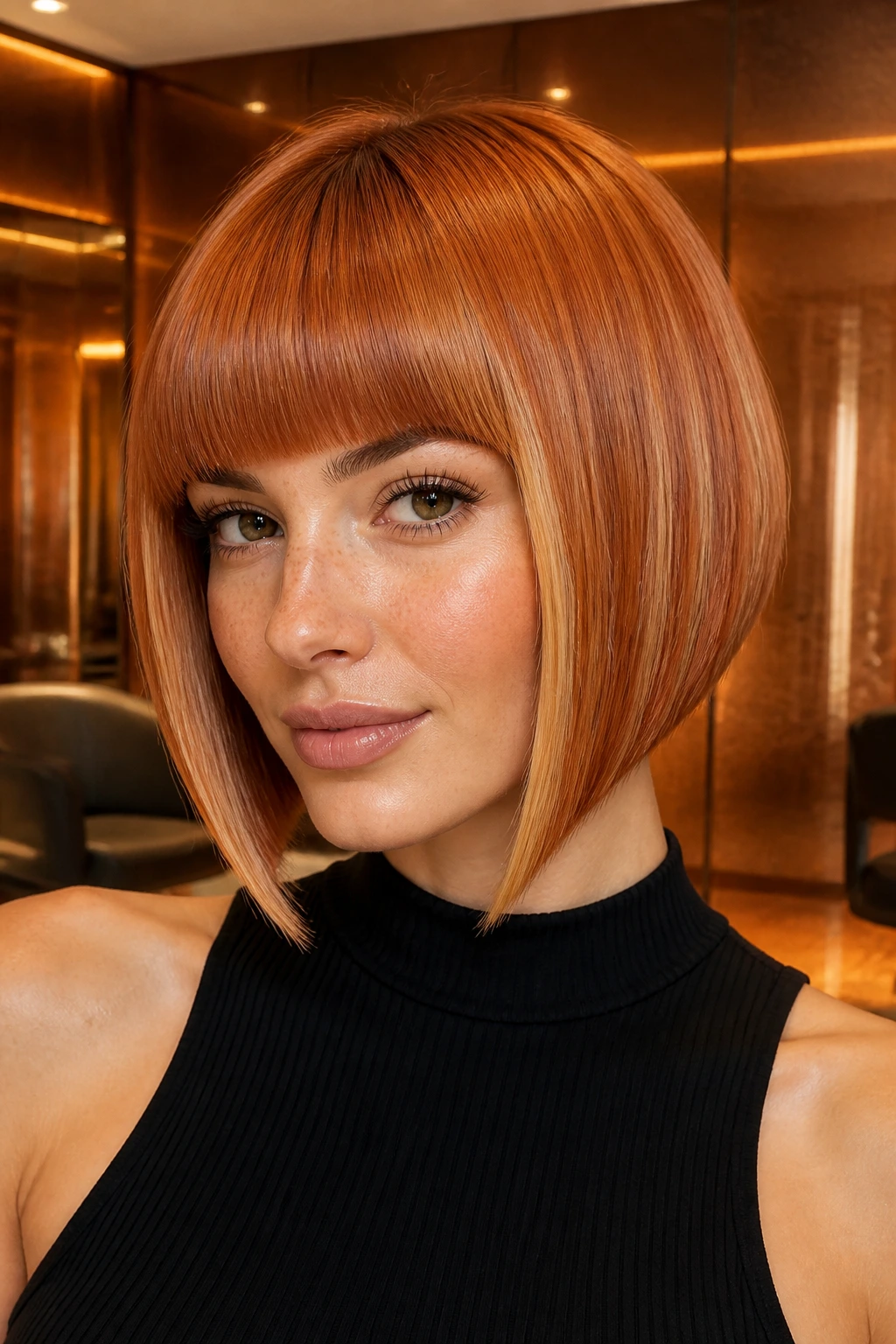 Real person with inverted copper bob and blunt bangs in a warm salon setting