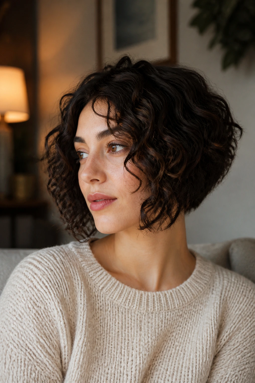 Close-up portrait of a real woman with inverted bob in a cozy setting