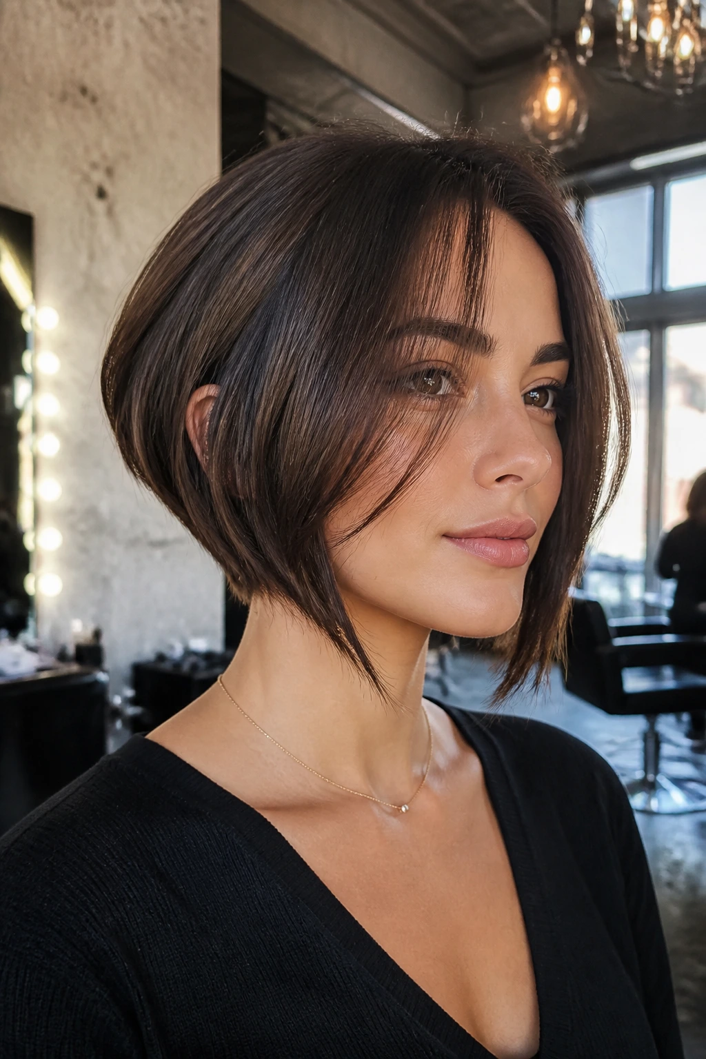 Close-up of a real woman with inverted bob and long curtain bangs showing cheekbone framing