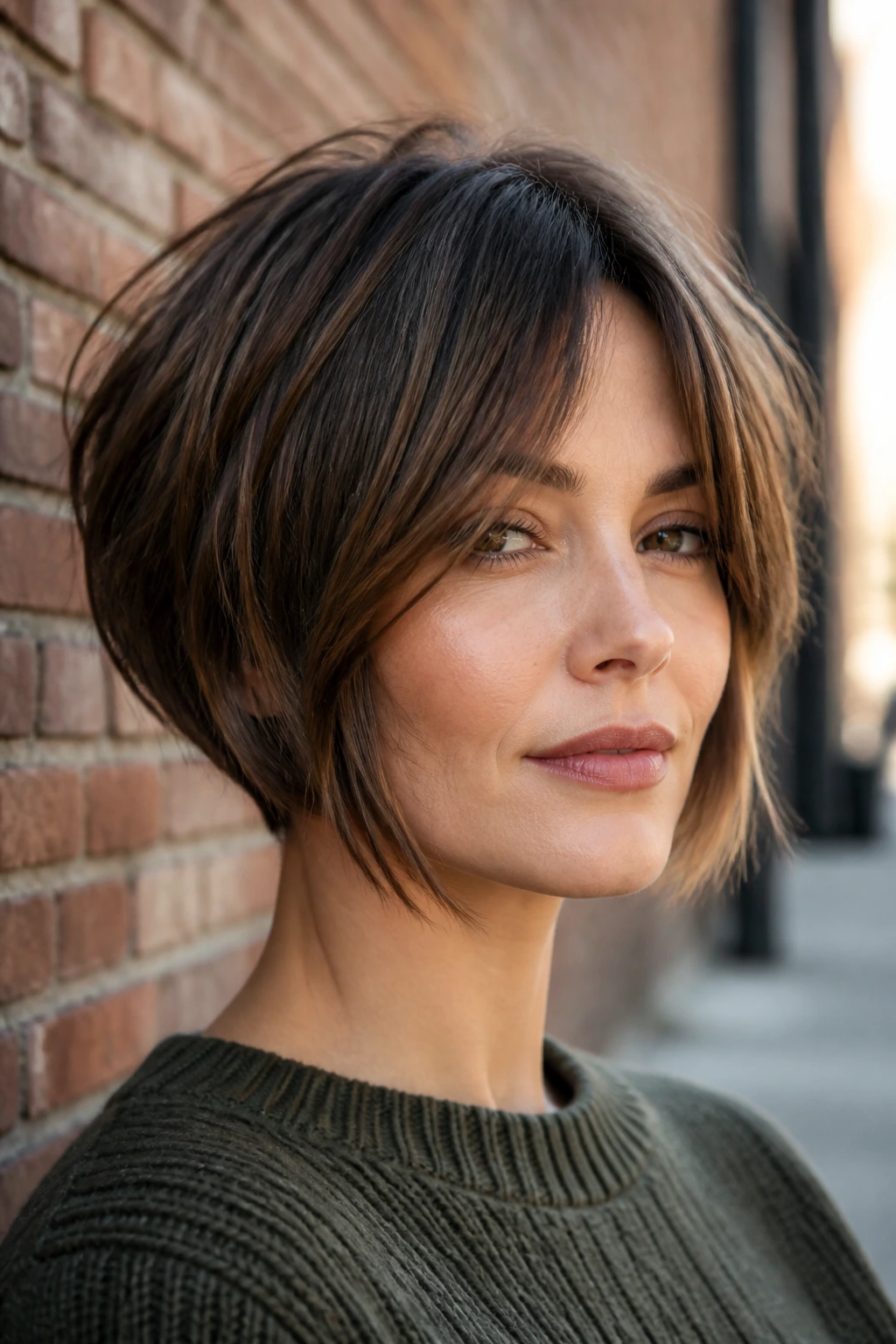 Portrait of a woman with a choppy inverted bob and curtain bangs.