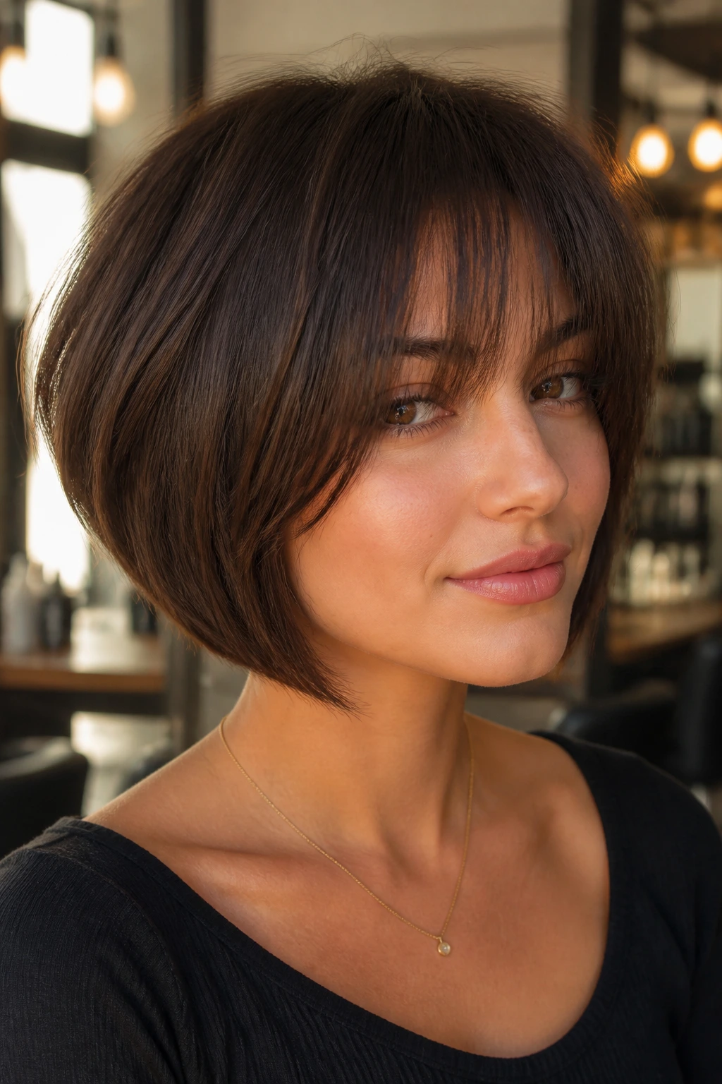 Close-up portrait of a real woman with an inverted bob and curtain bangs under warm window light