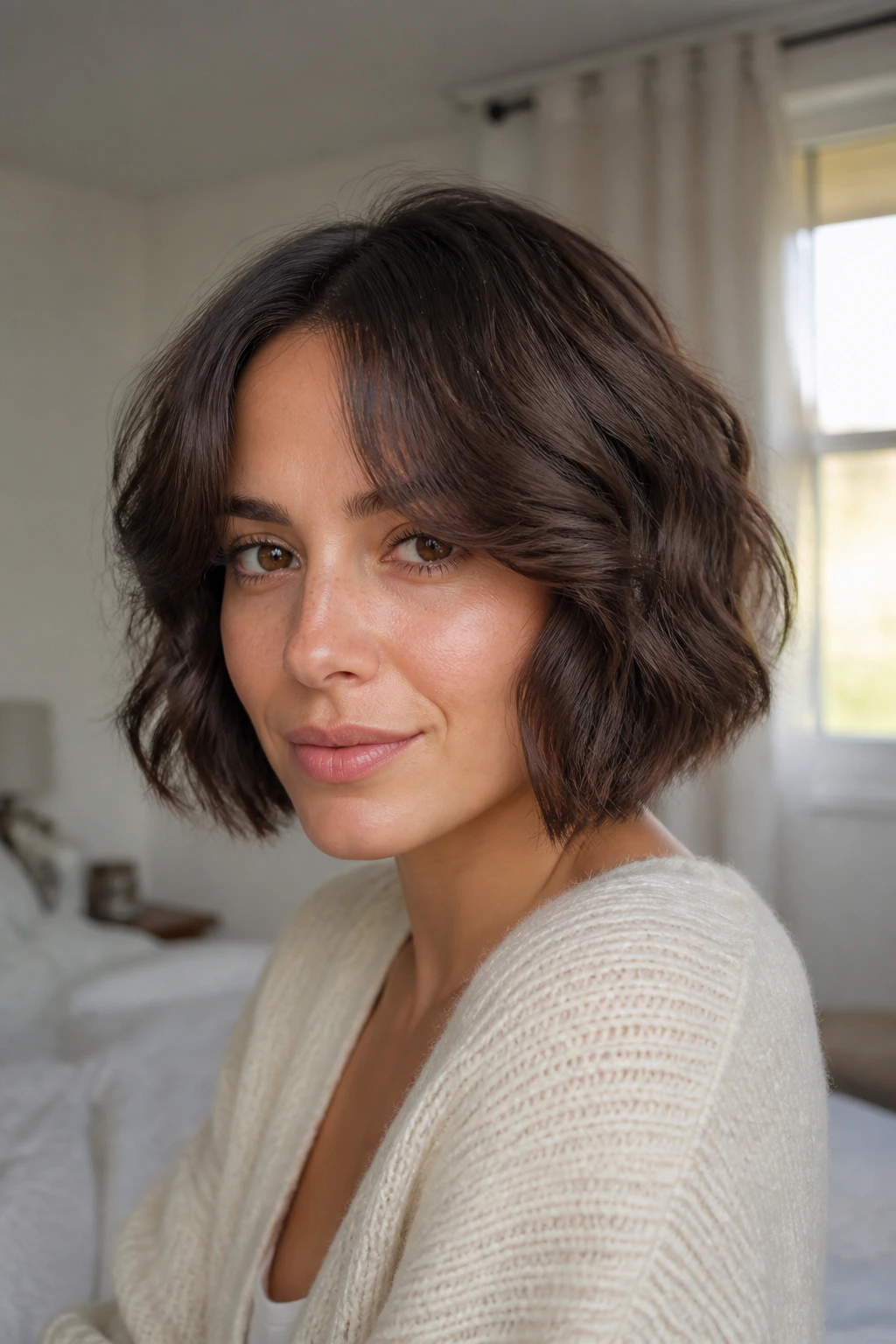 Close-up portrait of a real woman with inverted bob and curtain bangs on wavy hair