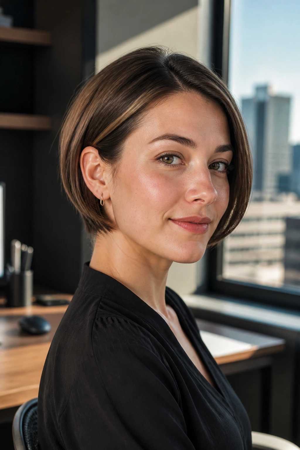 Real woman with inverted bob tucked behind ear in office daylight