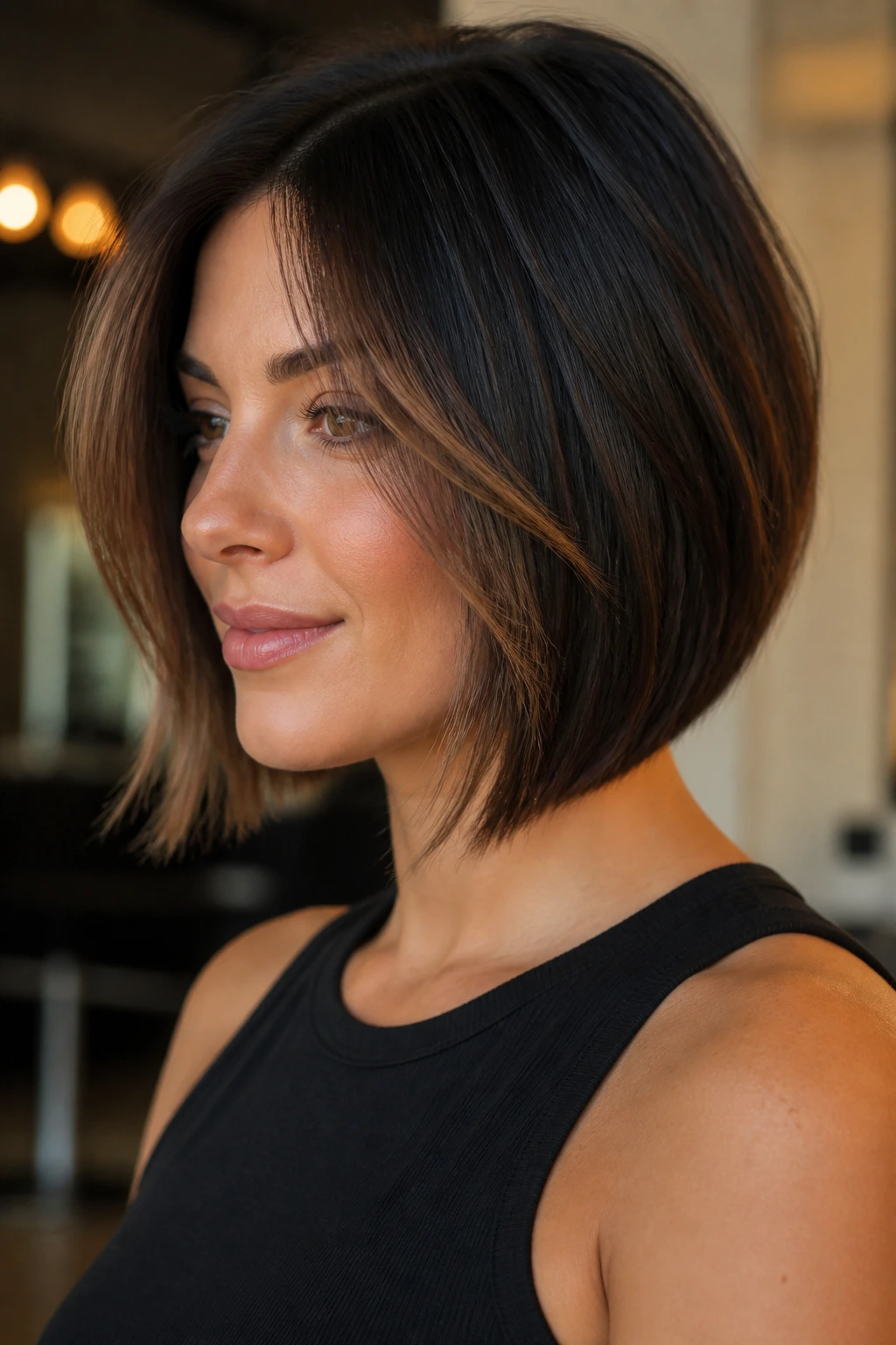 Portrait of a real woman with face-framing layers in inverted bob around eyes