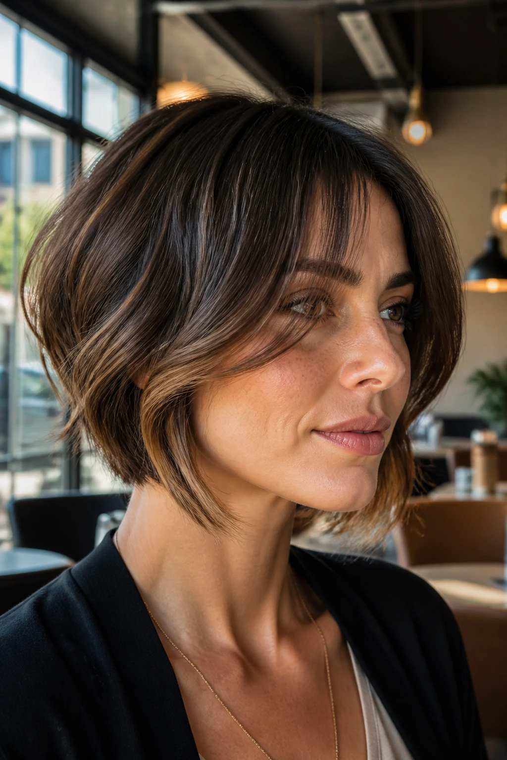 Portrait of a woman with inverted bob and face-framing fringe in cafe