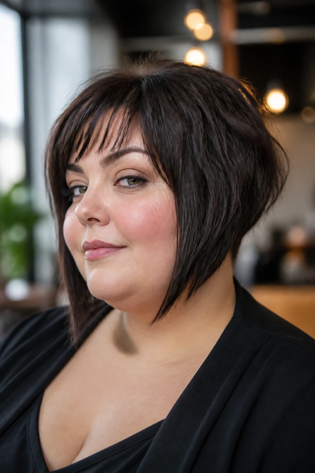 Portrait of a woman with an inverted bob and piecey fringe